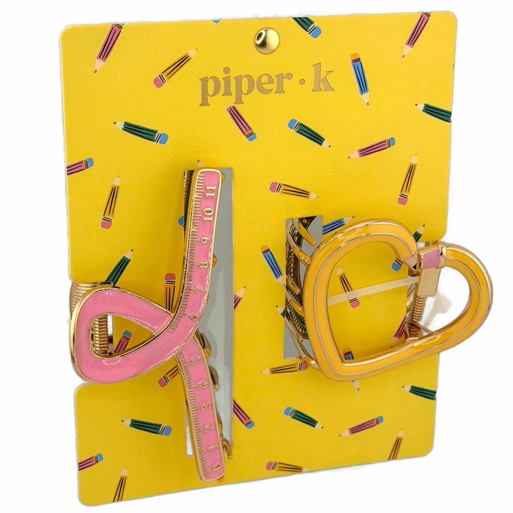 Piper K Back to School Ruler Pencil Claw Clip Gold Tone - Set of 2